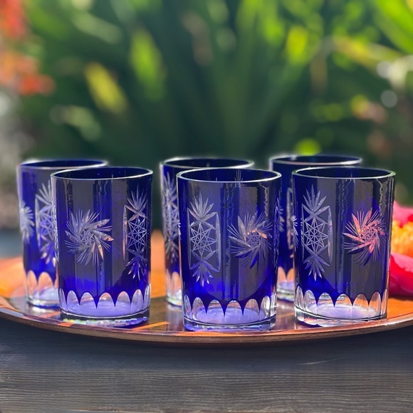 VINTAGE Czech Republic Bohemian cobalt blue crystal tumbler set (6) - Picture 1 of 8